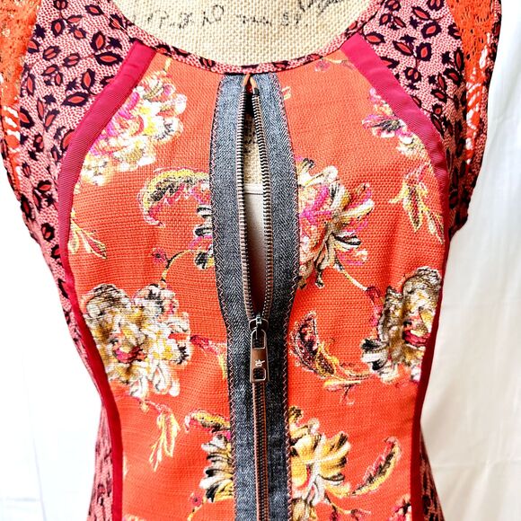 Save The Queen! Sleeveless Short Dress SZ L Orange Pink Floral Print Lined Italy - Picture 5 of 16